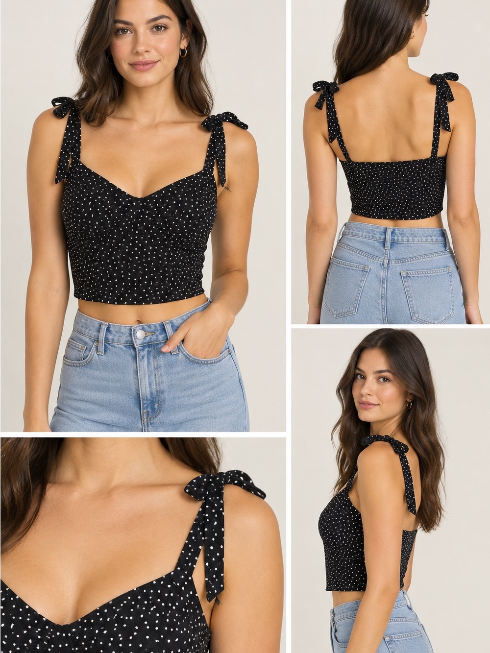Abercrombie & Fitch Black-and-White Pilka-Dot Crop Self-Tie Cami